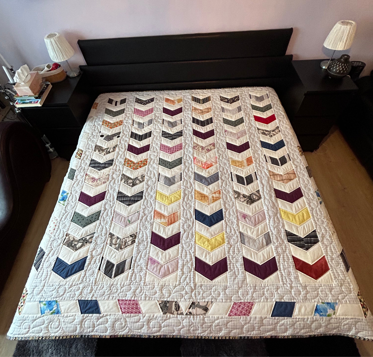 Quilted queen size blanket with embroidery details